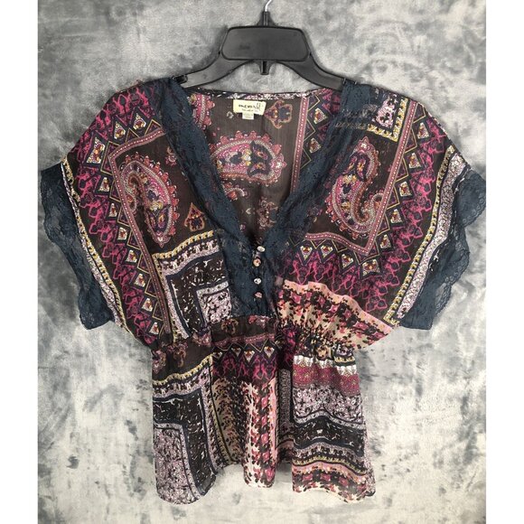 One World Woman's Shirt V-neck Blouse Elastic Waist Short Sleeve Adult Large - Picture 2 of 16